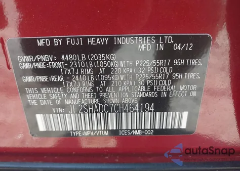 2012 Subaru Forester 2.5X Premium z USA, uszkodzony, nr VIN JF2SHADC7CH464194